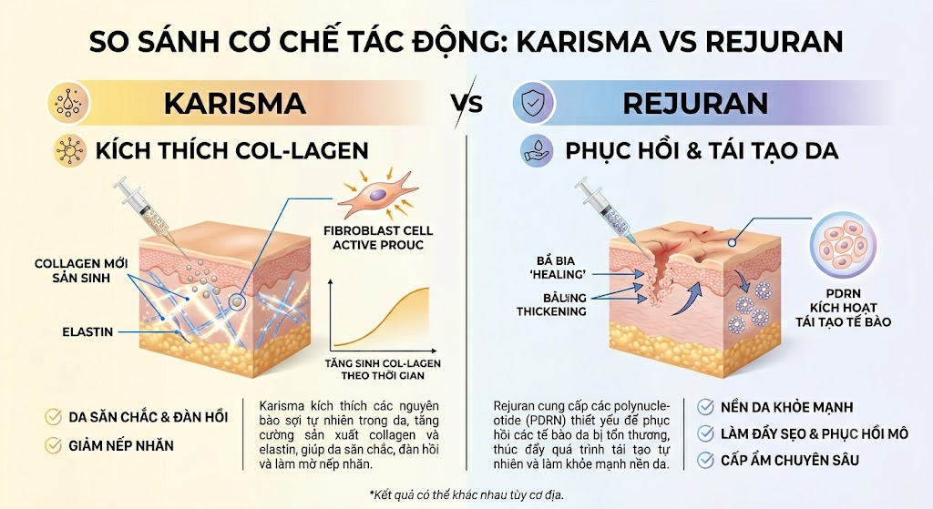 Điểm khác biệt lớn nhất giữa Karisma và Rejuran nằm ở cơ chế tác động: một bên kích thích collagen, một bên thúc đẩy quá trình tái tạo và phục hồi da