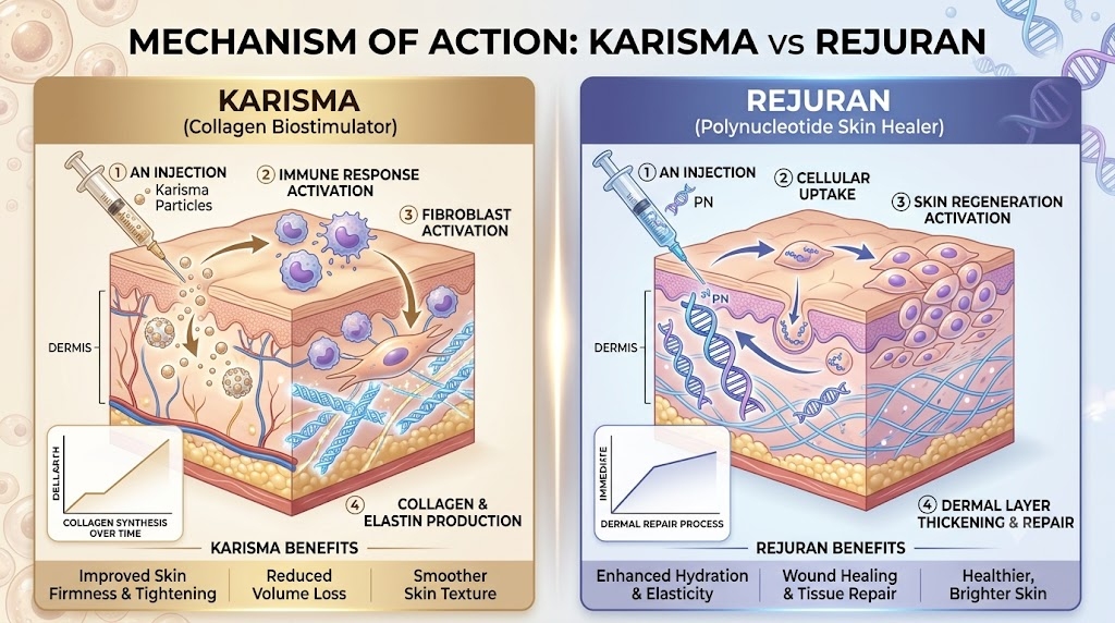 The biggest difference between Karisma and Rejuran lies in their mechanism of action: one stimulates collagen, while the other promotes the process of skin regeneration and restoration.