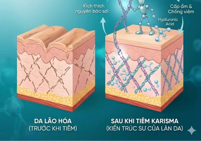 Rh-Collagen trong Karisma tạo môi trường thuận lợi để làn da tăng cường sản sinh collagen, góp phần cải thiện các dấu hiệu lão hóa một cách tự nhiên